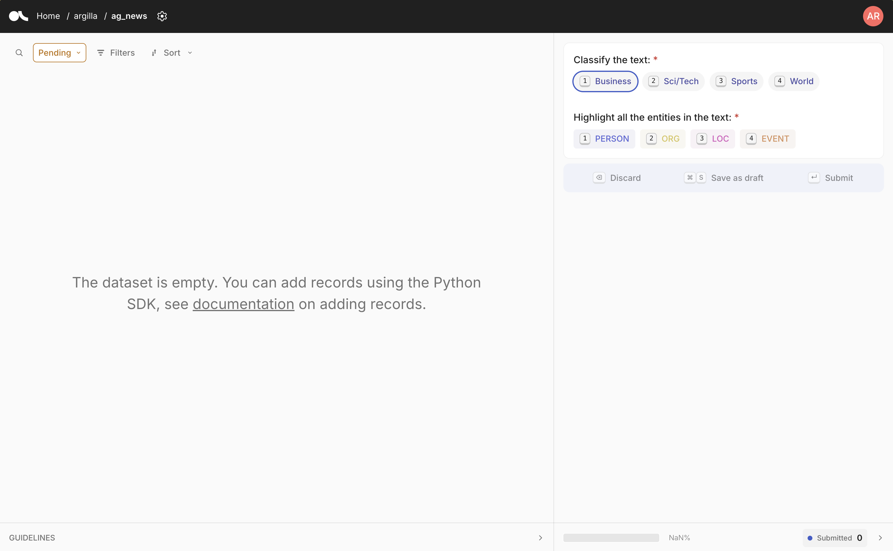 Screenshot of the empty dataset.