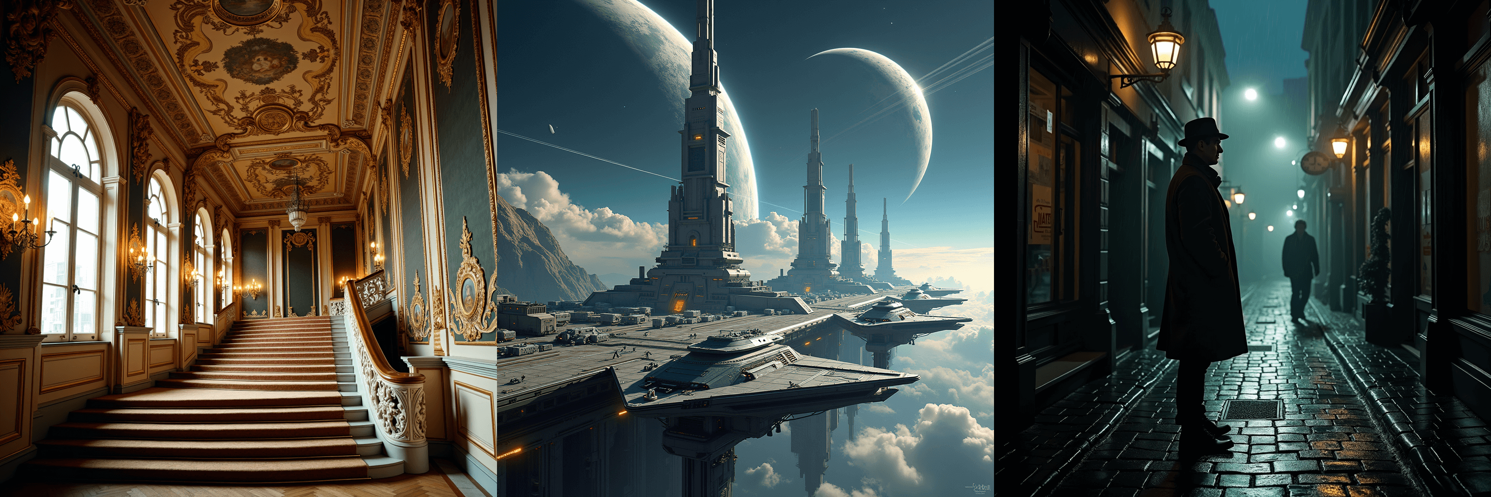 Flux-dev output with BF16: Baroque, Futurist, Noir styles