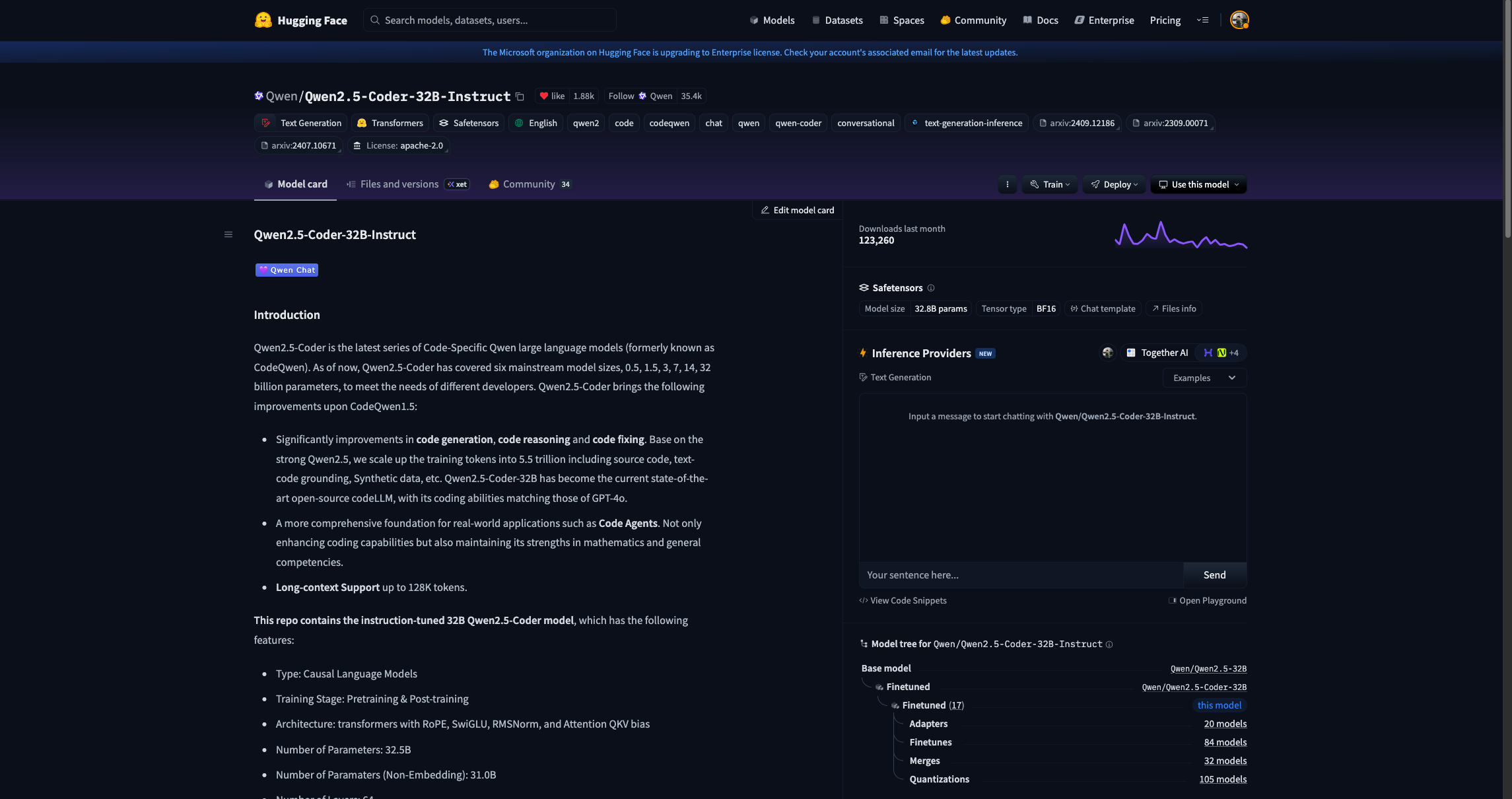 Qwen2.5 Coder 32B Instruct on the Hugging Face Hub
