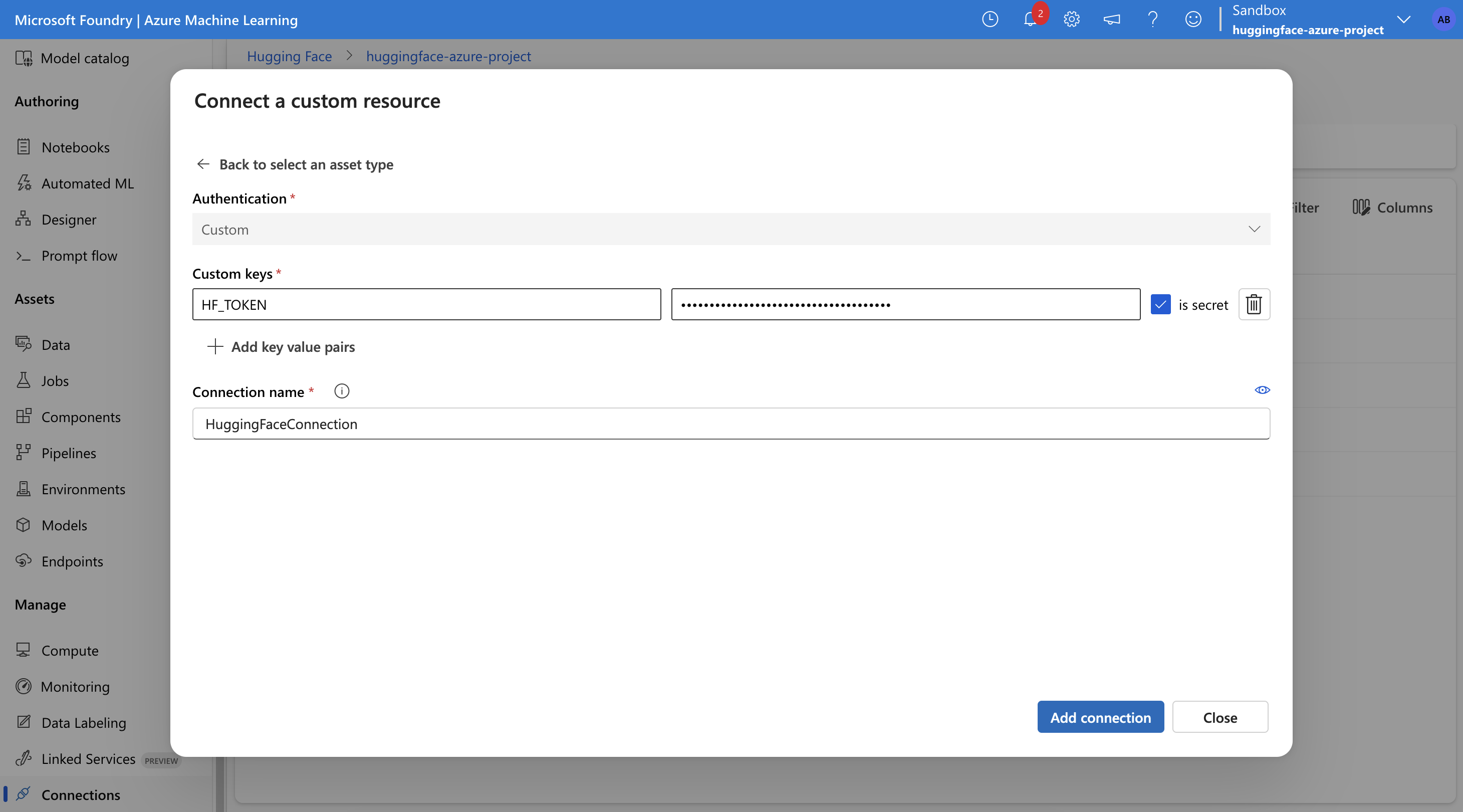 Azure Machine Learning Connection for 'HF_TOKEN'