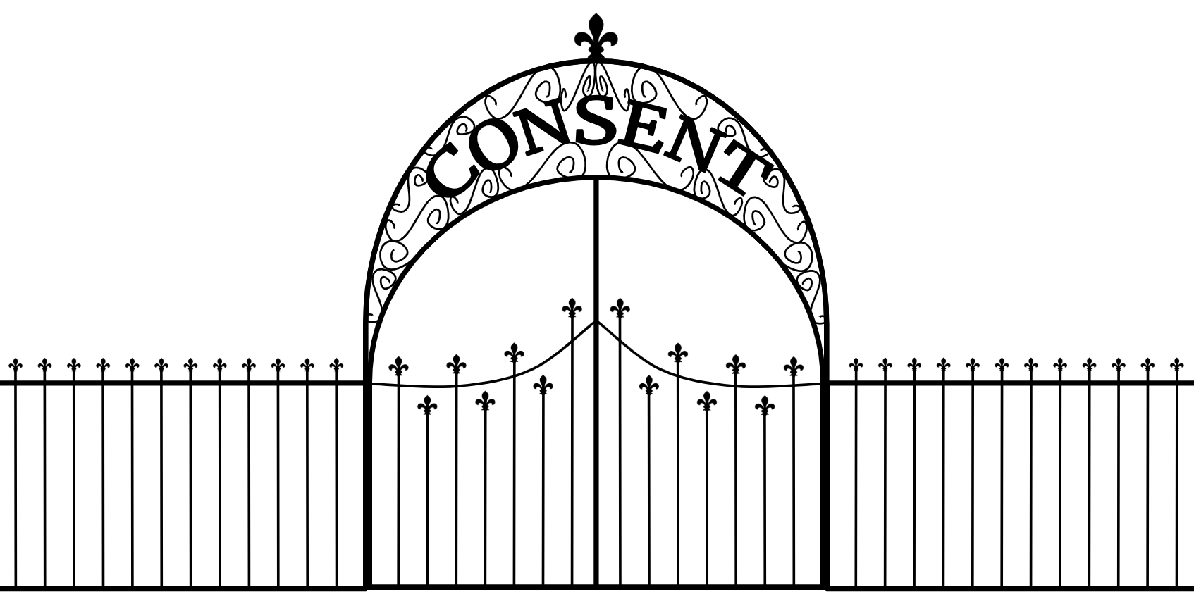 Line-drawing/clipart of a gate, where the family name says Consent